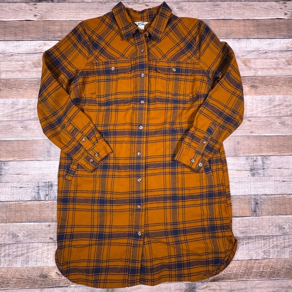Duluth Trading Co Dresses & Skirts - Duluth Trading Co Women Shirt Dress Large Yellow Plaid Flannel Button Back